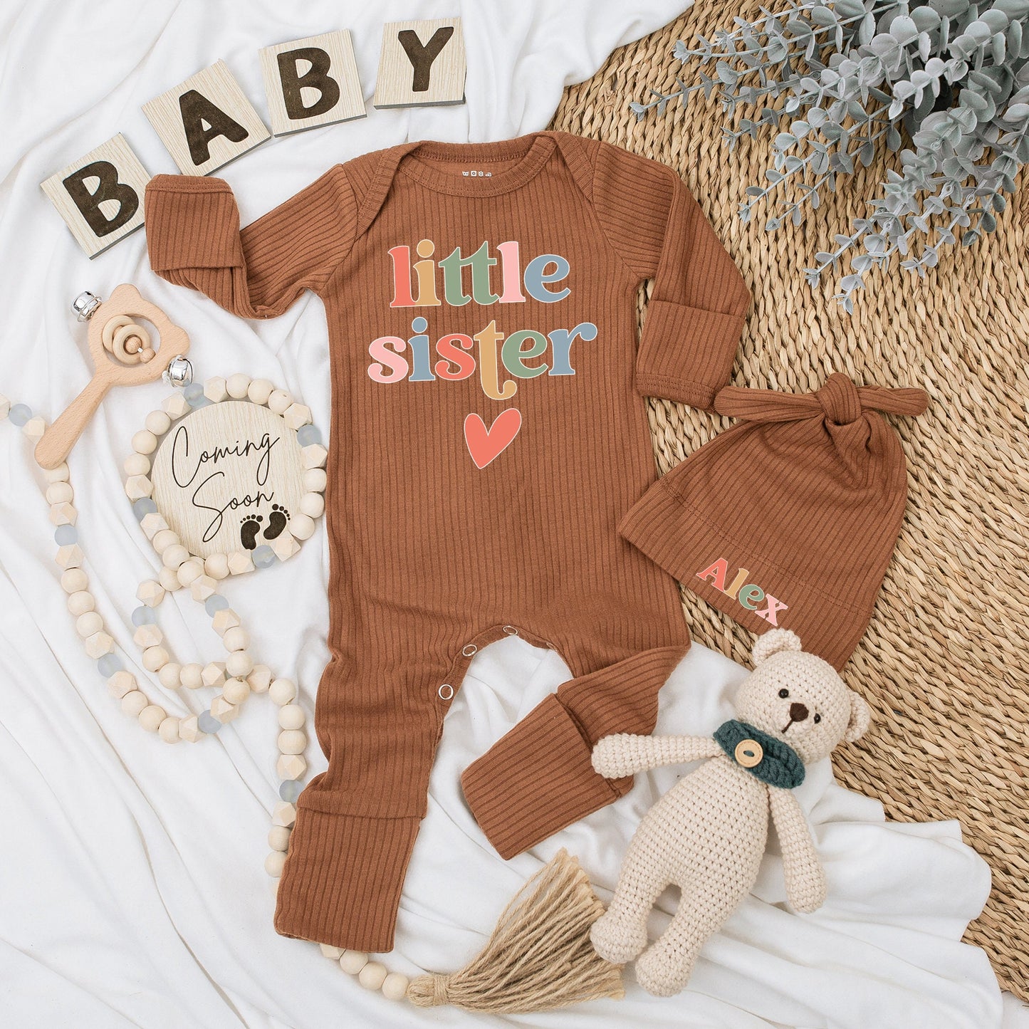 Little Sister Baby Bodysuit Hat Set Rainbow Retro Bubbly Font Newborn Girl Clothes Vintage Peach Heart Keepsake Gift Soft Cotton Outfit