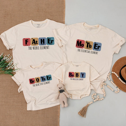 Periodic Table Family Matching Shirts Science Elements Outfits featuring Father Mother Brother Baby Designs and Noble Essential Magical Elements