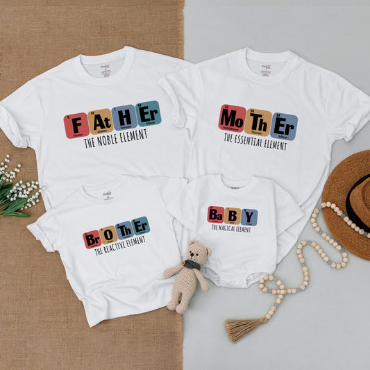 Periodic Table Family Matching Shirts Science Elements Outfits featuring Father Mother Brother Baby Designs and Noble Essential Magical Elements