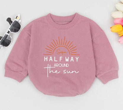 Half Way To One Romper Birthday Outfit Baby Girl or Boy 1/2 Birthday Bodysuit Six Months Milestone Gift Around The Sun Clothes Bell Bottoms Cute Party