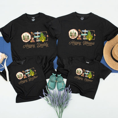 One Happy Camper First Birthday Shirt Matching Family Camping Outfit Wood Slice Bear Tent Forest Adventure Tee for Mommy Daddy Brother