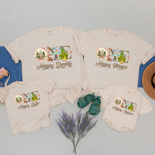 One Happy Camper First Birthday Shirt Matching Family Camping Outfit Wood Slice Bear Tent Forest Adventure Tee for Mommy Daddy Brother