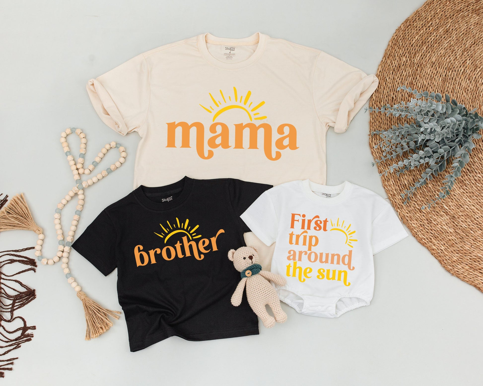 First Trip Around The Sun Birthday Outfit for Baby Boy Girl, Boho Sunshine Mommy and Me Shirts for First Birthday Party Celebration