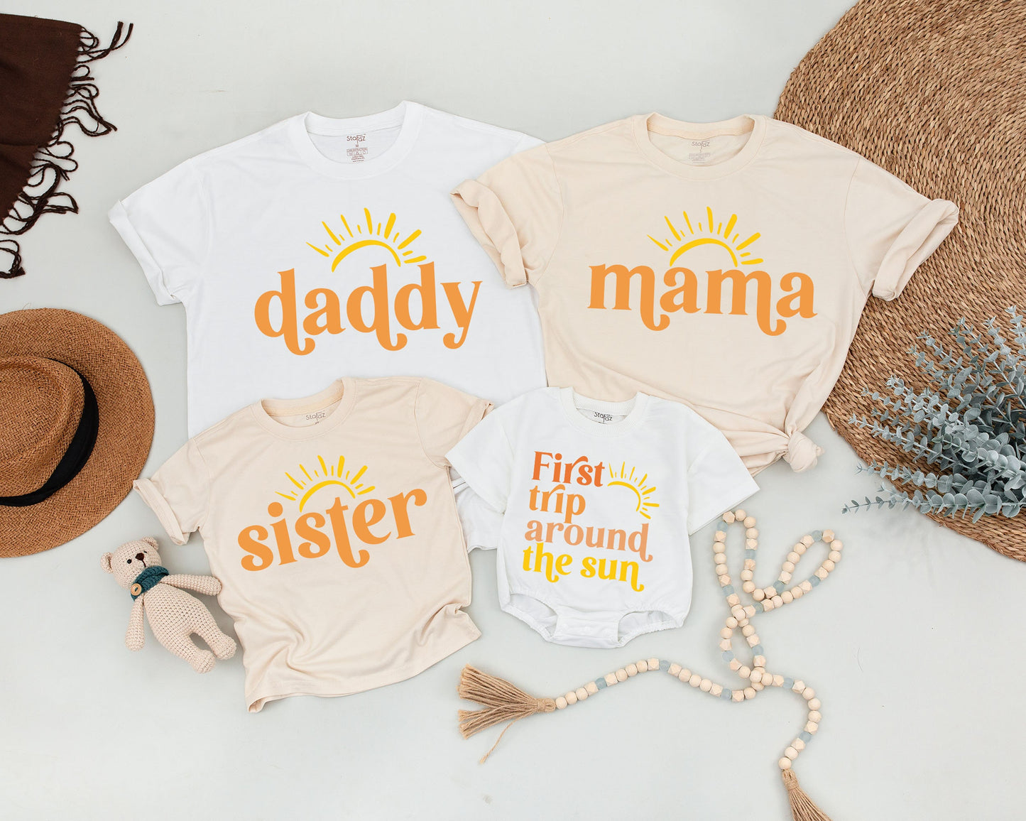 First Trip Around The Sun Birthday Outfit for Baby Boy Girl, Boho Sunshine Mommy and Me Shirts for First Birthday Party Celebration