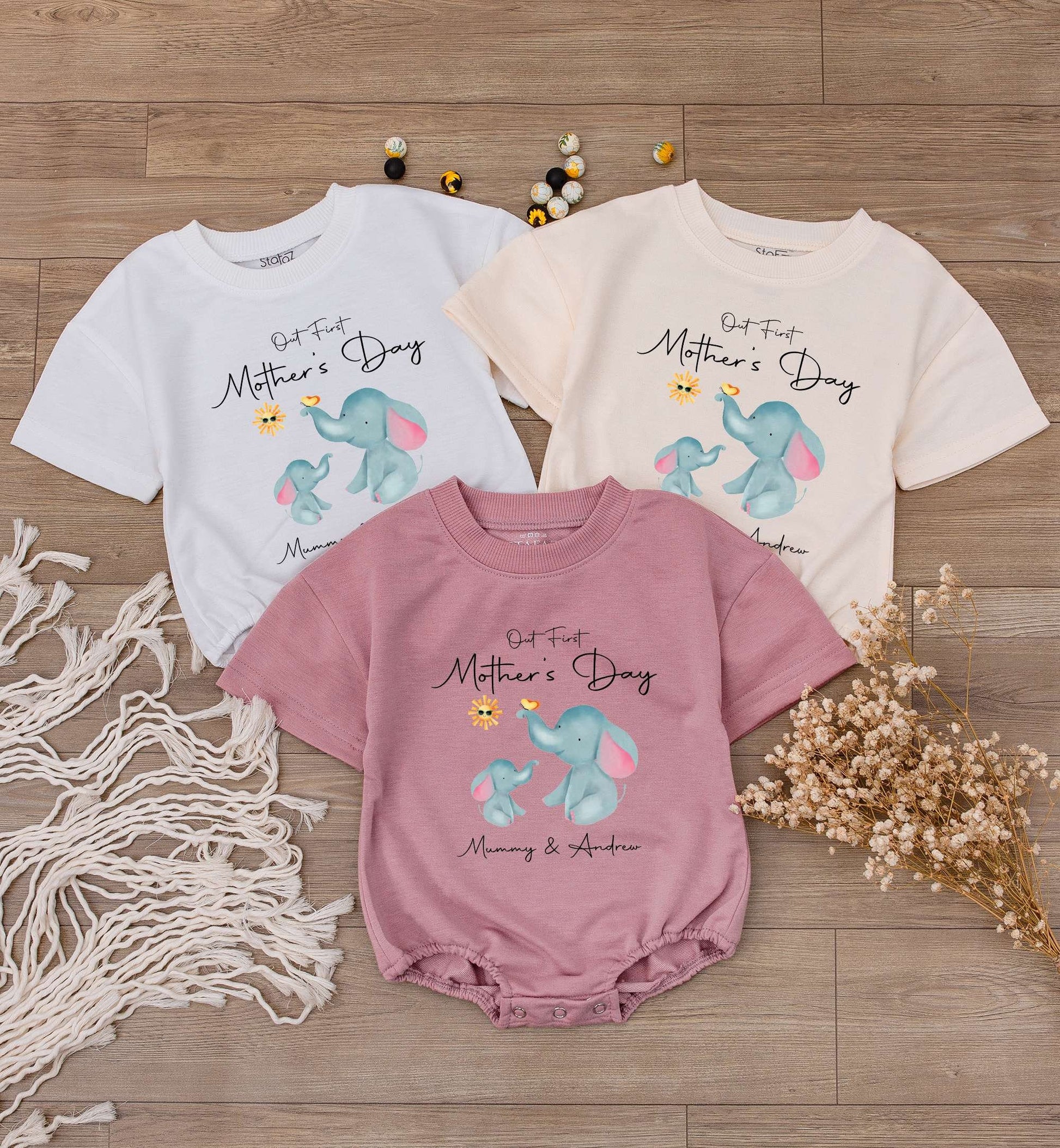 Personalized 1st Mother's Day Baby Bodysuit, Custom Elephant Romper