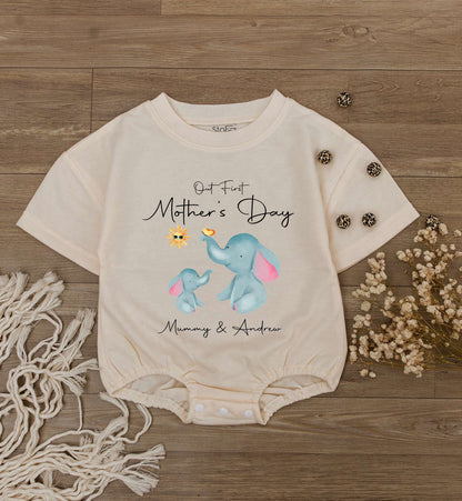 Personalized 1st Mother's Day Baby Bodysuit, Custom Elephant Romper