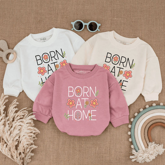 Born At Home Baby Romper with Sweet Peach Floral Design Newborn Clothes Perfect for Home Birth Announcement or Gift