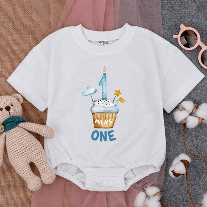 Mila's First Birthday Romper, Blue Cupcake & Candle Outfit, Soft Cotton Short Sleeve Bodysuit, Custom One Year Old Boy or Girl Party Clothes 1st Bday