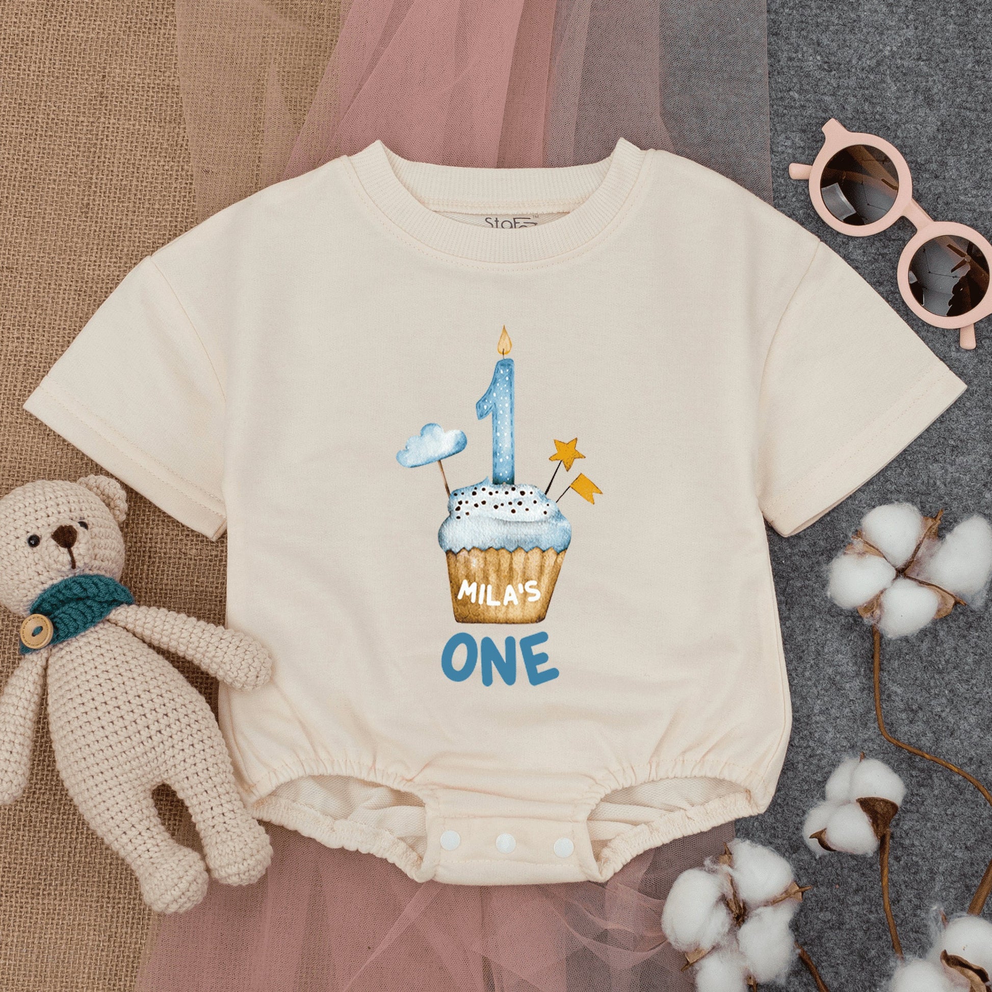 First Birthday Cupcake Romper - Personalized Boy Birthday Outfit