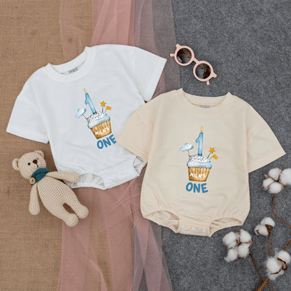 Mila's First Birthday Romper, Blue Cupcake & Candle Outfit, Soft Cotton Short Sleeve Bodysuit, Custom One Year Old Boy or Girl Party Clothes 1st Bday