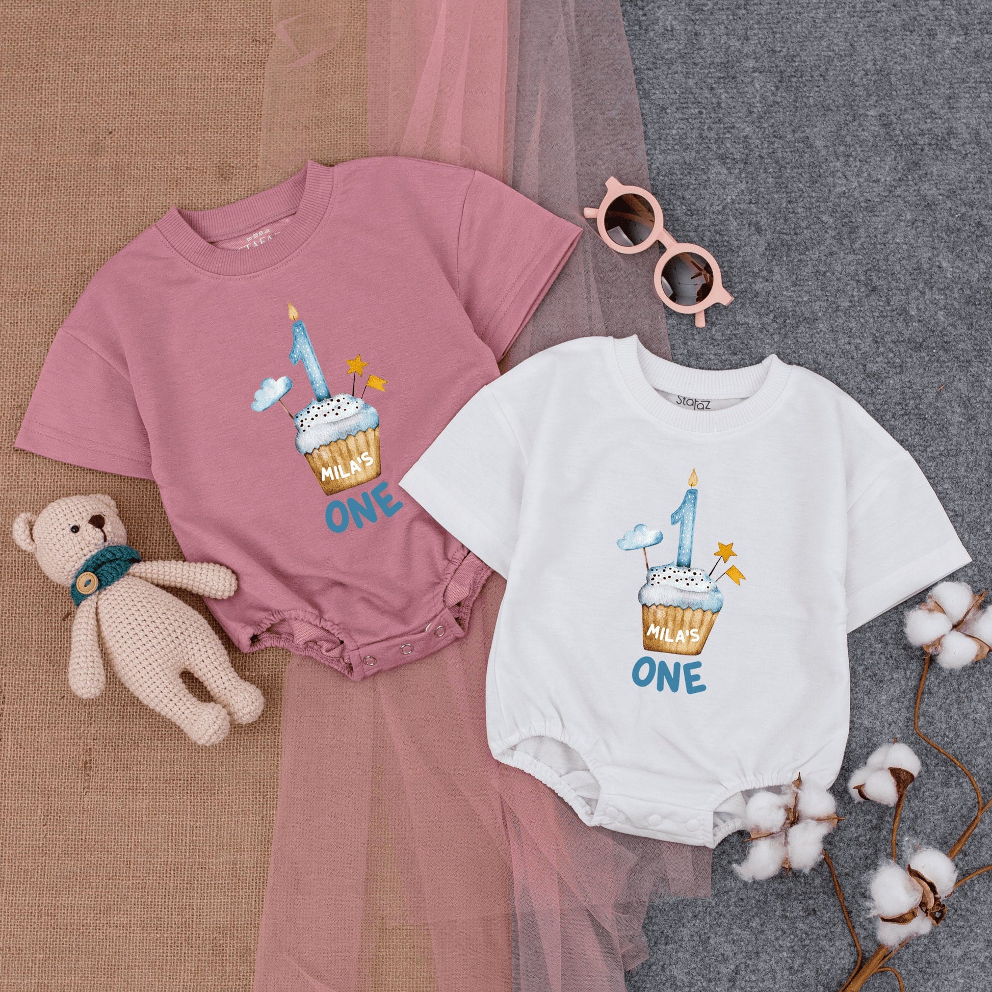 First Birthday Cupcake Romper - Personalized Boy Birthday Outfit