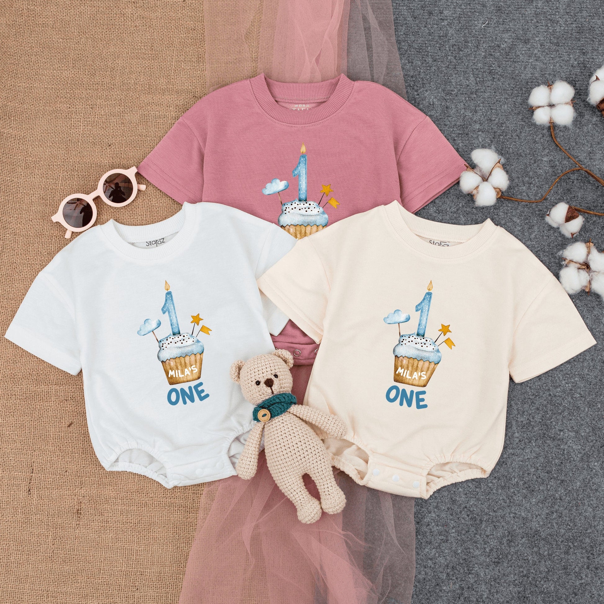 First Birthday Cupcake Romper - Personalized Boy Birthday Outfit