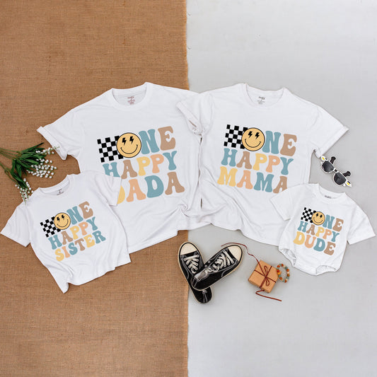 One Happy Dude 1st Birthday Shirt Retro Smiley Face Mama Matching Outfit Baby Bodysuit