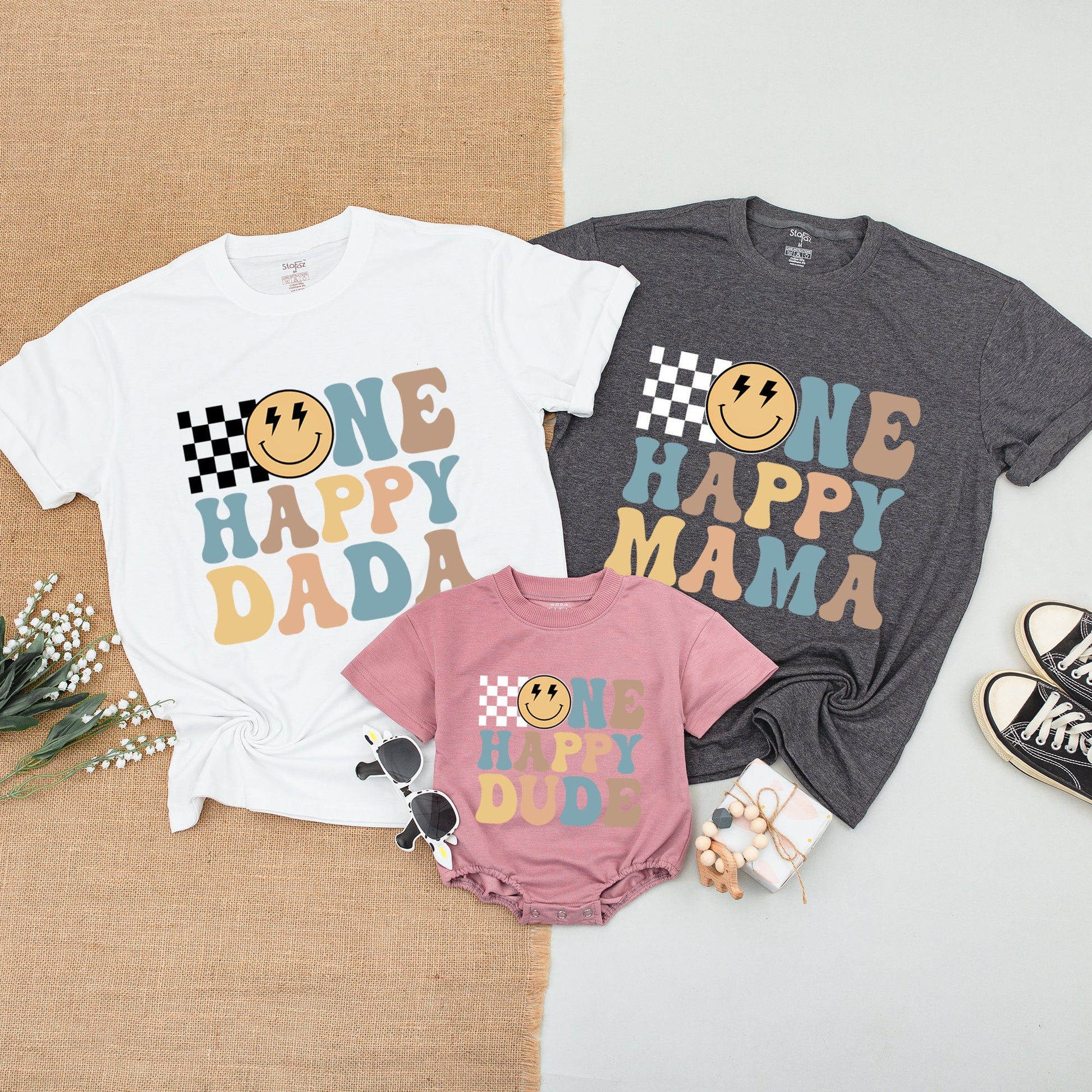 One Happy Dude 1st Birthday Shirt Retro Smiley Face Mama Matching Outfit Baby Bodysuit