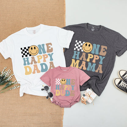 One Happy Dude 1st Birthday Shirt Retro Smiley Face Mama Matching Outfit Baby Bodysuit