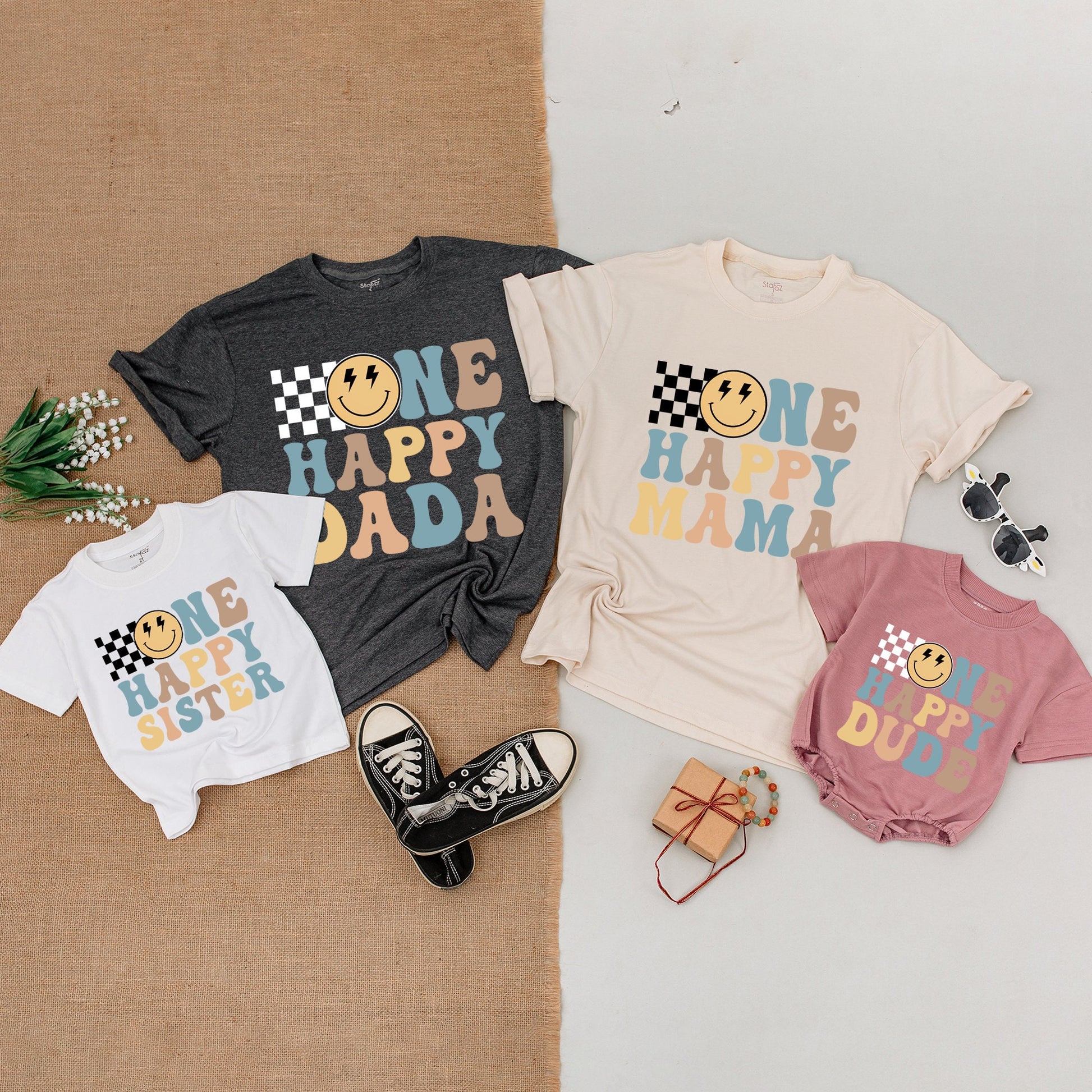 One Happy Dude 1st Birthday Shirt Retro Smiley Face Mama Matching Outfit Baby Bodysuit