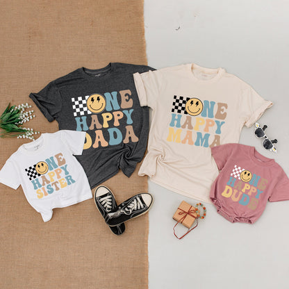 One Happy Dude 1st Birthday Shirt Retro Smiley Face Mama Matching Outfit Baby Bodysuit