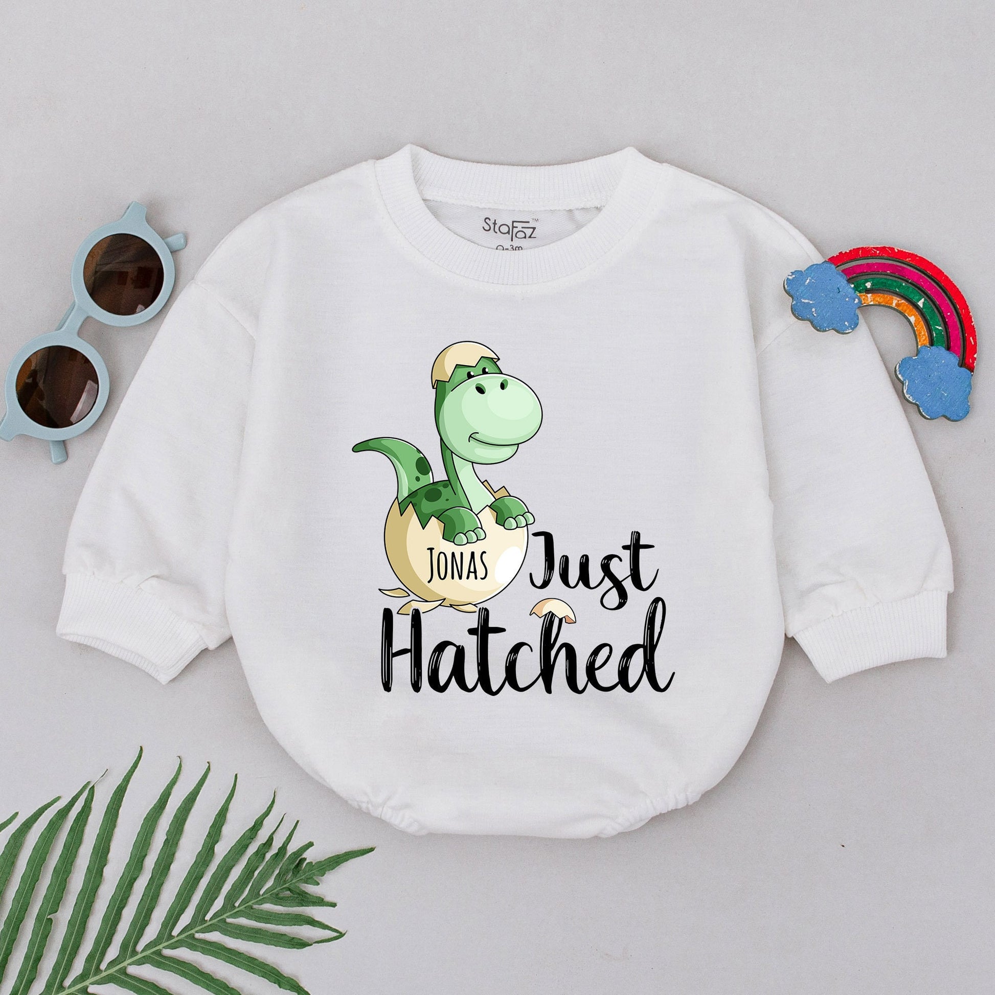 Personalized Just Hatched Dinosaur Baby Romper with Cute Green Egg Design, Adorable Newborn Bubble Bodysuit Shower Gift