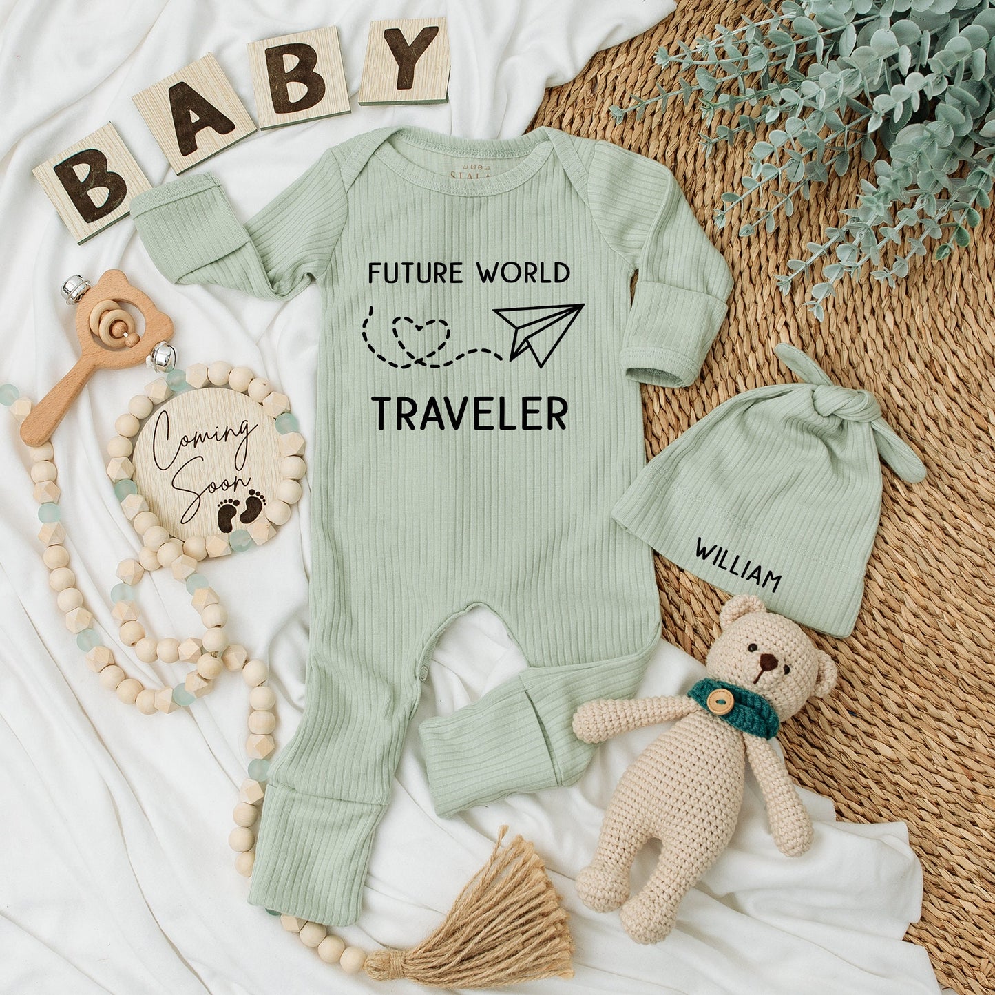 Personalized Future World Traveler Baby Bodysuit Hat Set with Name William Newborn Boy Coming Home Outfit Minimalist Paper Airplane Heart