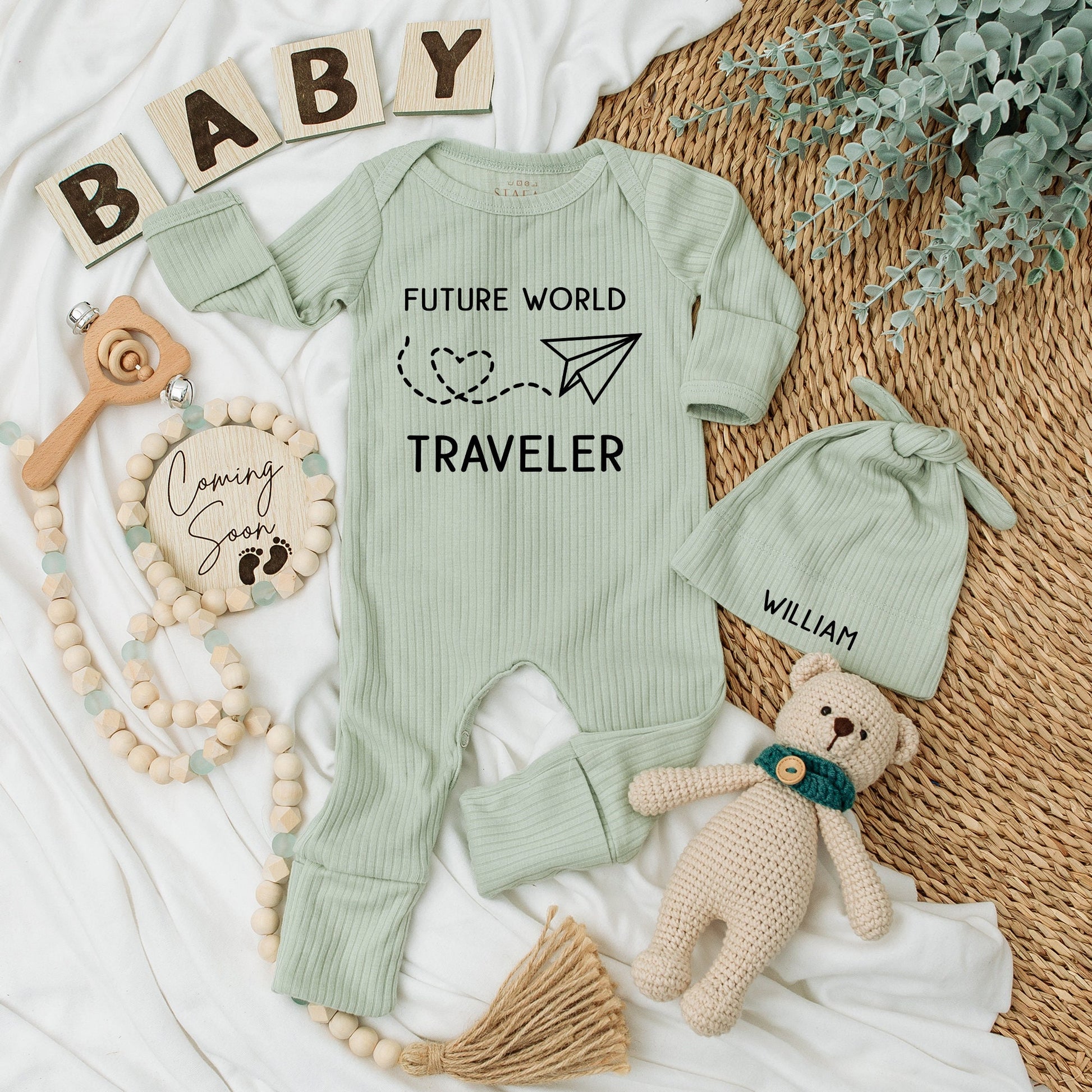 Personalized Future World Traveler Baby Bodysuit Hat Set with Name William Newborn Boy Coming Home Outfit Minimalist Paper Airplane Heart