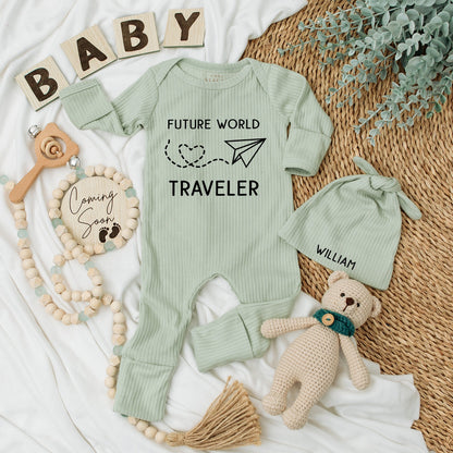 Personalized Future World Traveler Baby Bodysuit Hat Set with Name William Newborn Boy Coming Home Outfit Minimalist Paper Airplane Heart