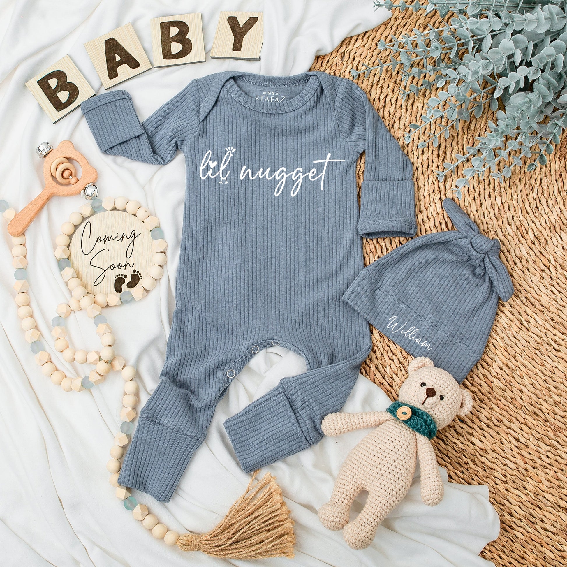 Personalized Lil Nugget Chicken Baby Bodysuit Hat Set Whimsical Handwritten Newborn Going Home Outfit Modern Minimalist Pregnancy Reveal Announcement Gift