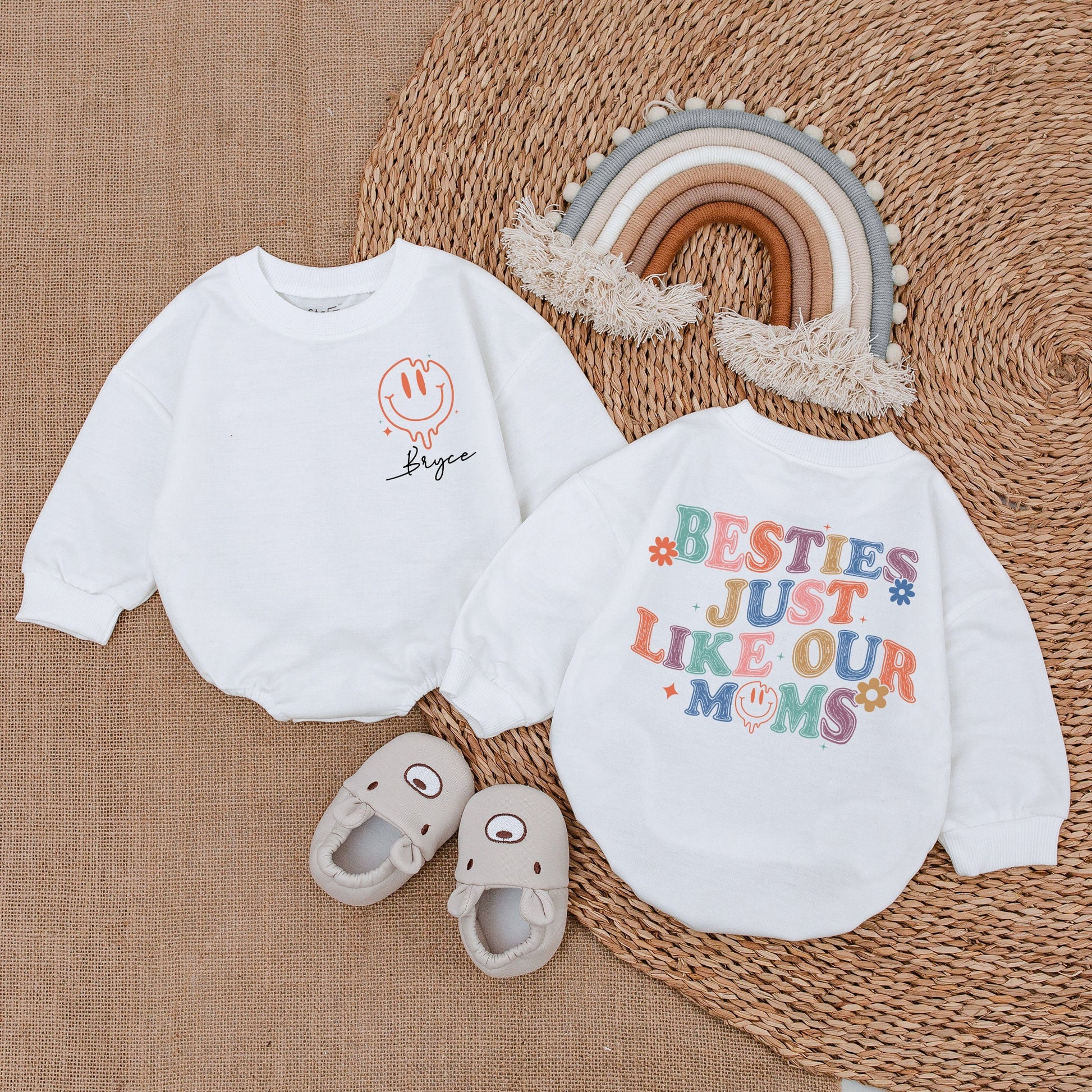 Besties Just Like Our Moms Baby Bodysuit Retro Pastel Flower Stars Smiley Face Gender Neutral Baby Shower Gift Coming Home Outfit