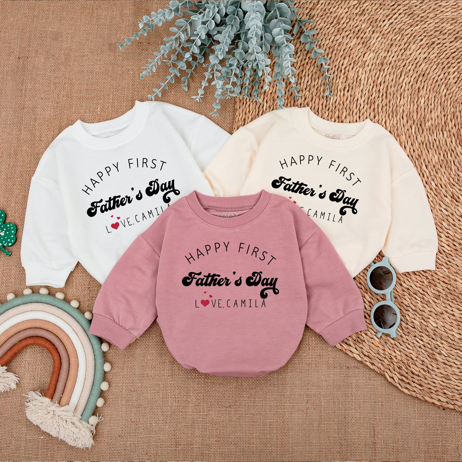 Personalized Happy First Father's Day Baby Romper Daddy and Me Natural Bodysuit Love Camila Heart Design Baby Girl Outfit Comfortable