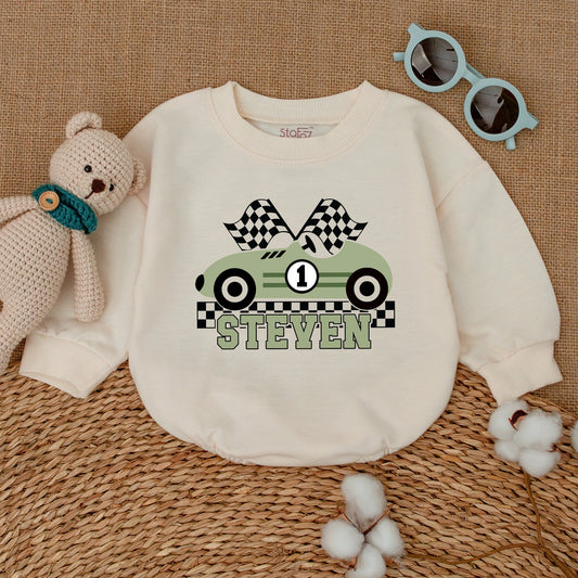 Personalized Fast One 1st Birthday Race Car Romper for Baby Boy with Muted Green Checkered Flag Design Number One Cake Smash Outfit