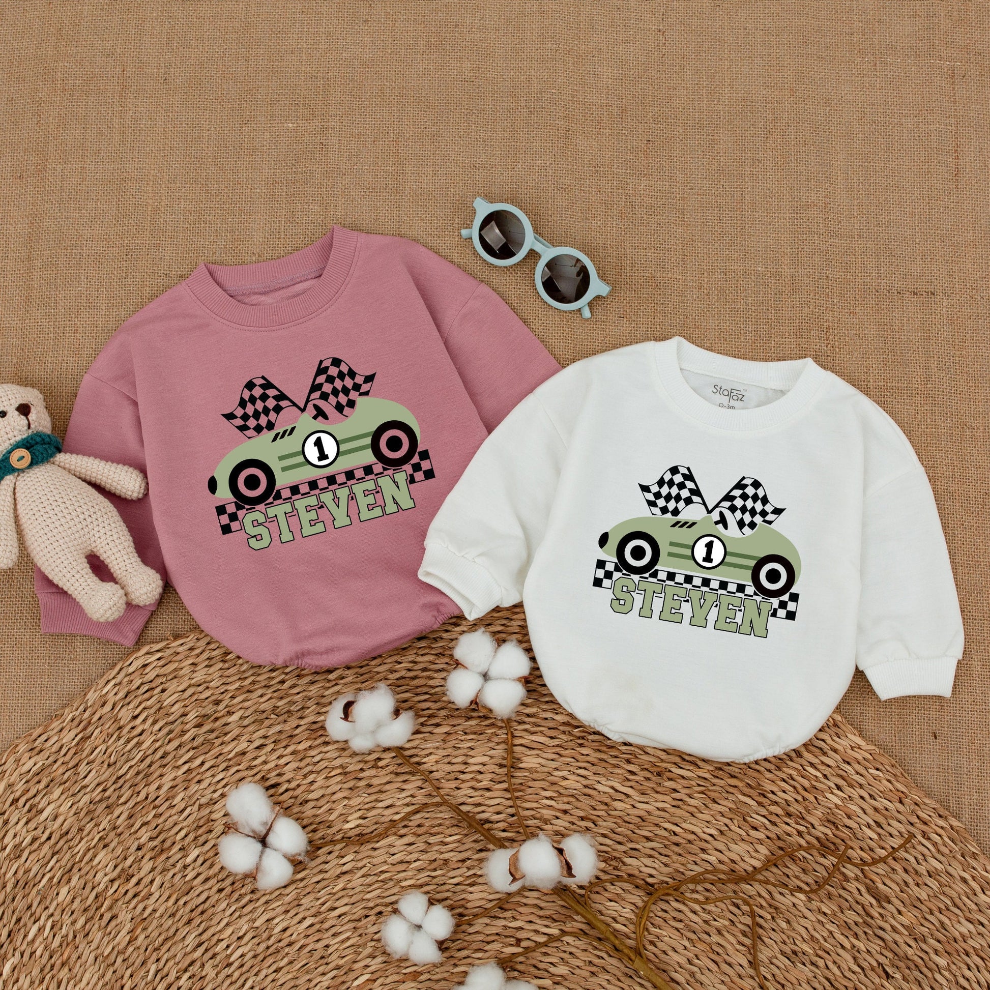 Personalized Fast One 1st Birthday Race Car Romper for Baby Boy with Muted Green Checkered Flag Design Number One Cake Smash Outfit