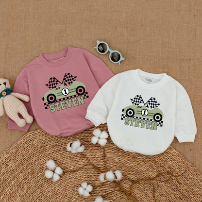Personalized Fast One 1st Birthday Race Car Romper for Baby Boy with Muted Green Checkered Flag Design Number One Cake Smash Outfit