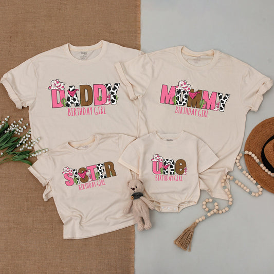 Pink Brown Cow Print Cowgirl First Birthday Family Matching Shirts Wild West One Baby Girl Bodysuit Outfits Rodeo Hat Boot