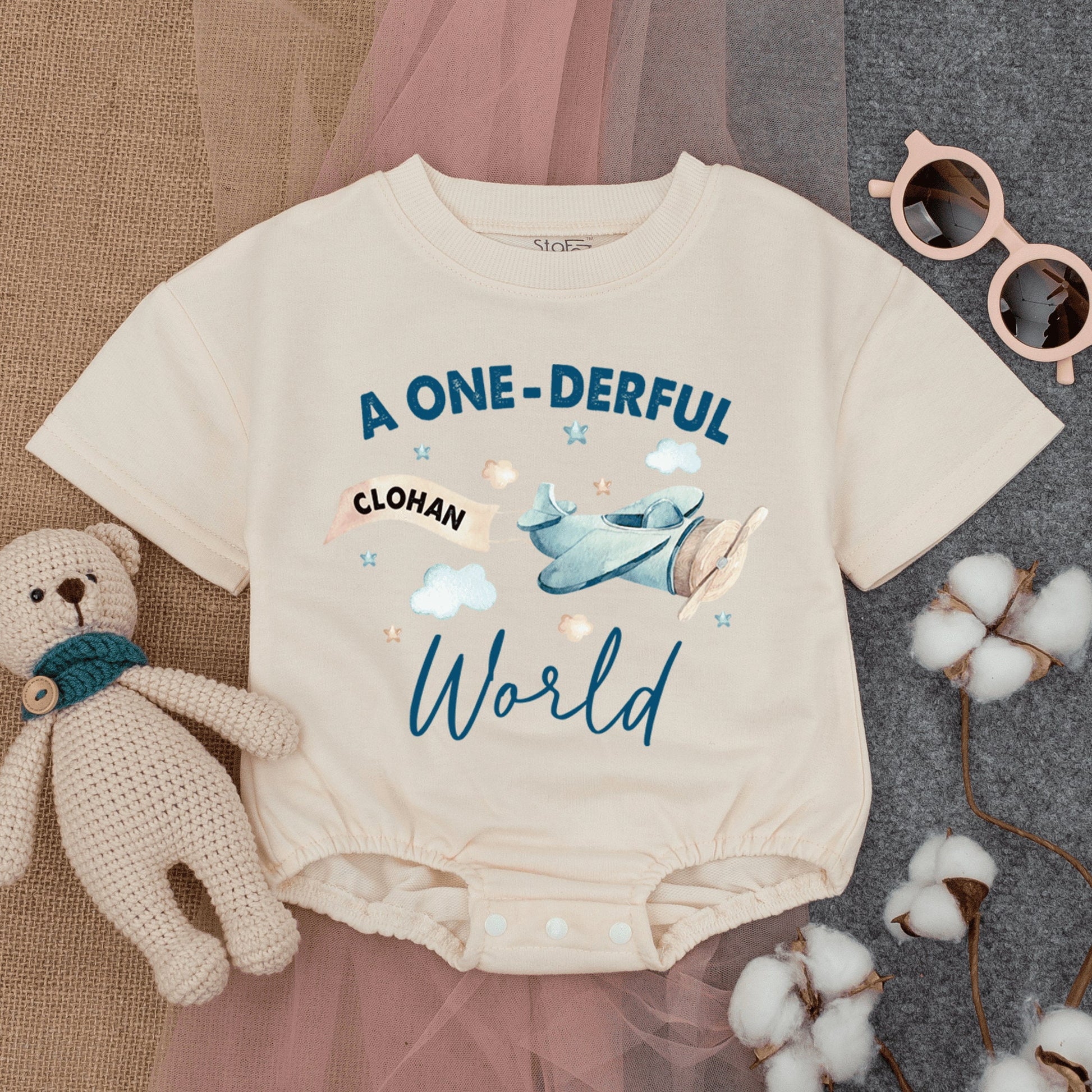 Personalized A Onederful World Baby 1st Birthday Romper Airplane Short Sleeve Outfit Soft Cute Blue Beige White Travel Adventure
