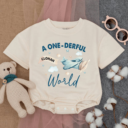 Personalized A Onederful World Baby 1st Birthday Romper Airplane Short Sleeve Outfit Soft Cute Blue Beige White Travel Adventure