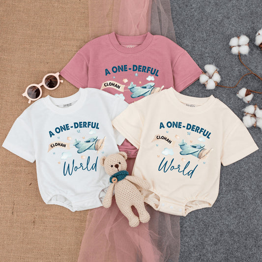 Personalized A Onederful World Baby 1st Birthday Romper Airplane Short Sleeve Outfit Soft Cute Blue Beige White Travel Adventure