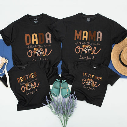 Boho Rainbow First Birthday Family Shirts for Girls Little Miss ONEderful Matching Outfits with Warm Boho Brown & Orange Hues, Floral Crescent Moon Design