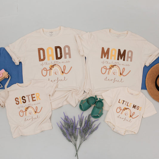 Boho Rainbow First Birthday Family Shirts for Girls Little Miss ONEderful Matching Outfits with Warm Boho Brown & Orange Hues, Floral Crescent Moon Design