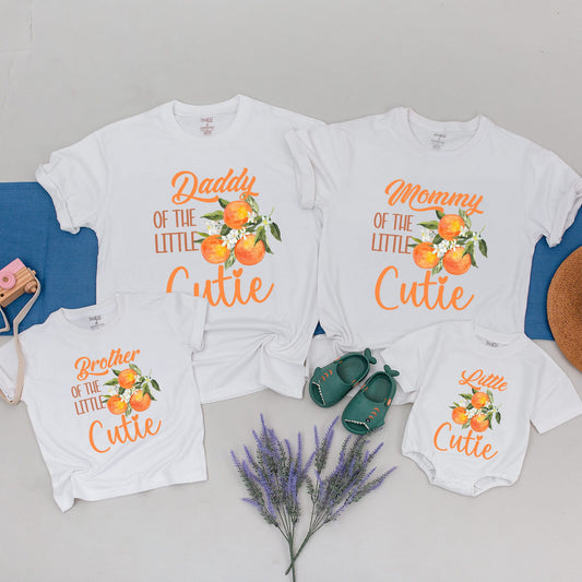 Personalized Little Cutie Family T-Shirts Orange Fruit Design First Birthday Party Matching Outfits Cheerful Celebration