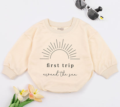 First Trip Around The Sun Baby Romper - Cute Sun Graphic Design First Birthday Outfit, Adventure Baby Girl/Boy, Smash Cake Photoshoot Gift