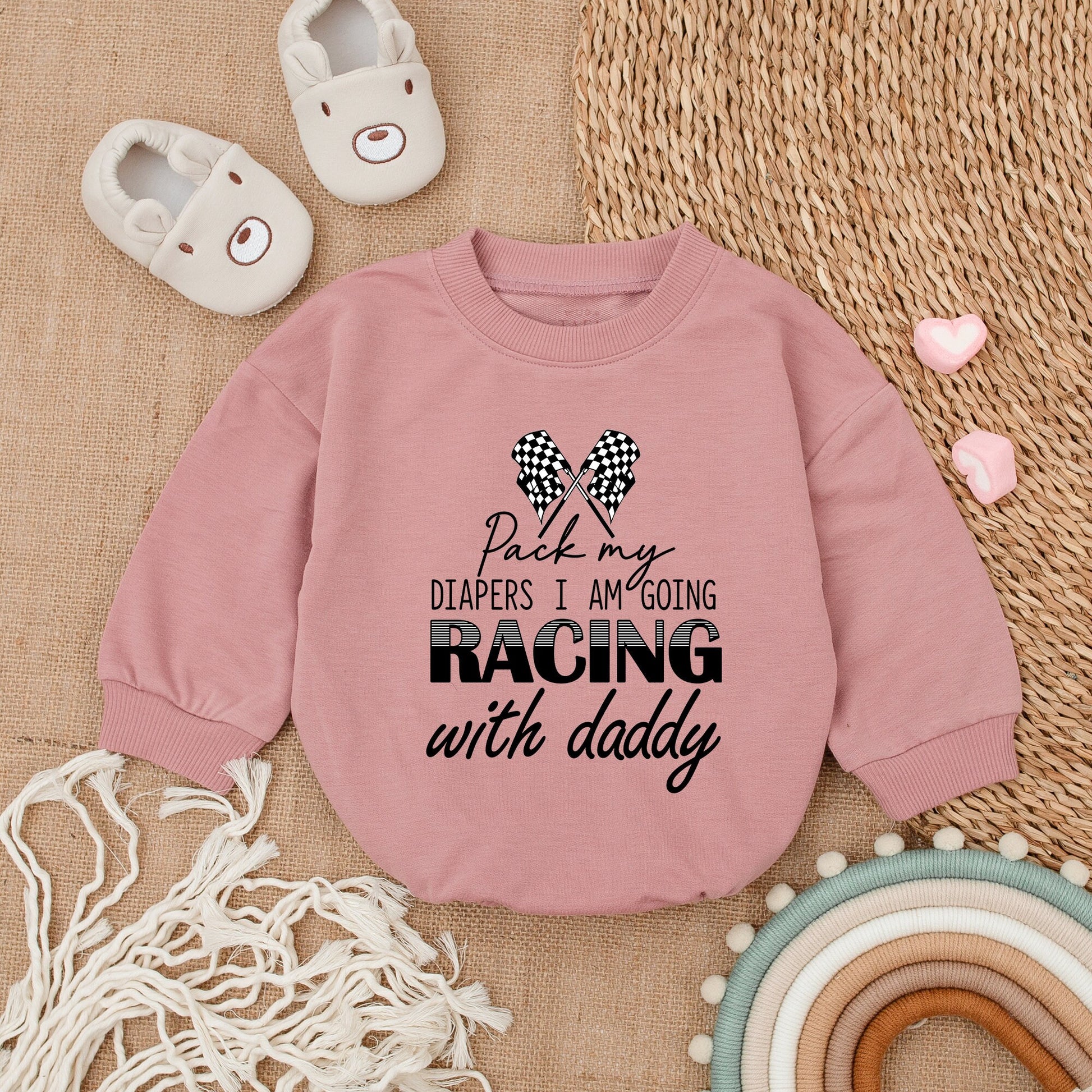 Pack My Diapers Racing With Daddy Bodysuit,Cute Baby Boy Clothes Set,First Father's Day Outfit,Playful Newborn Romper,Checkered Flags,Gift 137