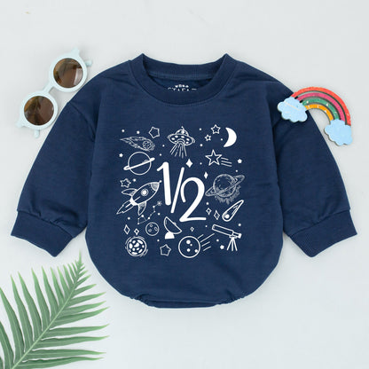 Whimsical Space Half Birthday Boy Romper with 1/2 Text for 6 Months Celebration Planets Stars Rocket Moon UFO Black Ink Newborn Baby Outfit Gift