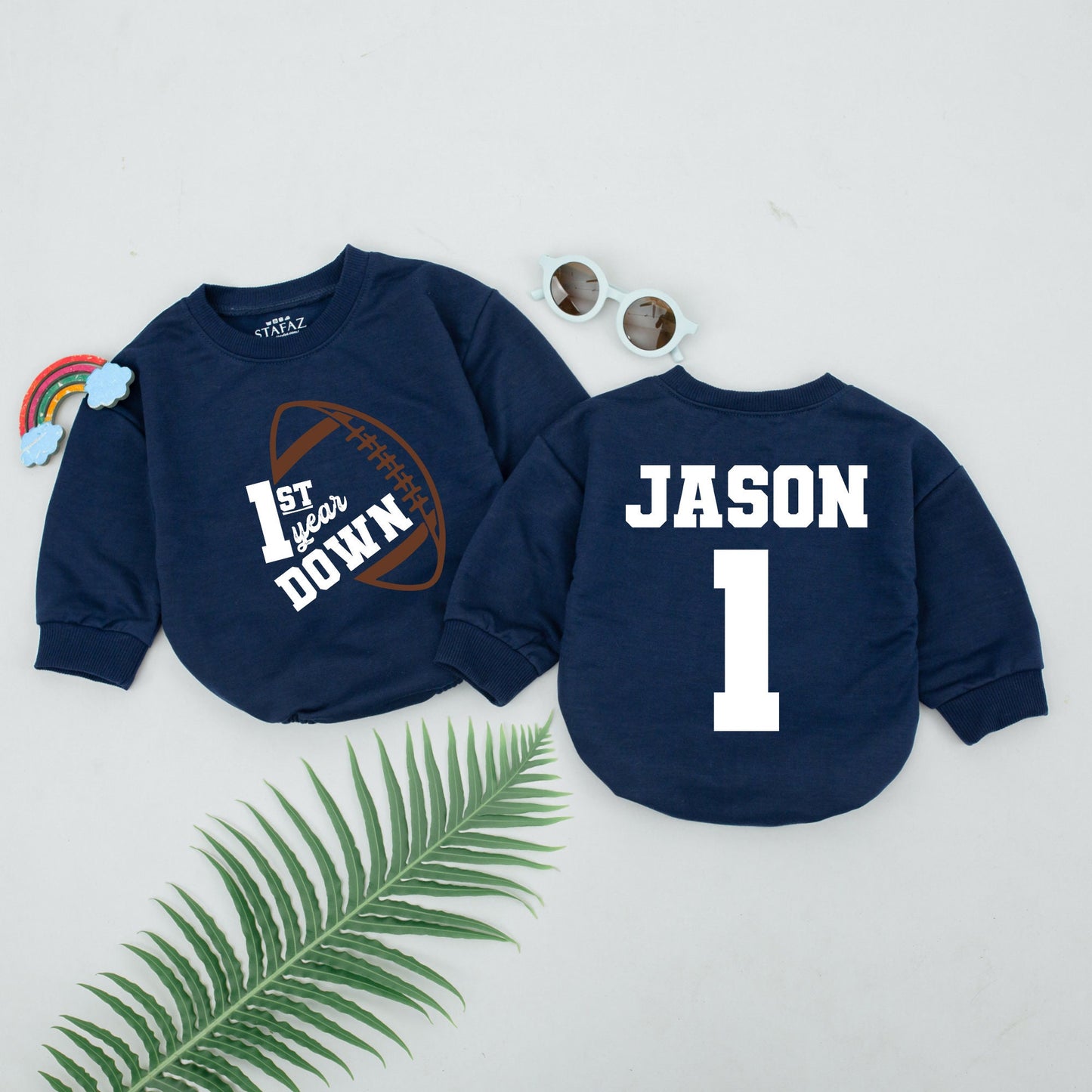 Personalized 1st Year Down Football Birthday Romper for Boys Custom Name Jason and Number 1 Sports Jersey Style Baby Clothes