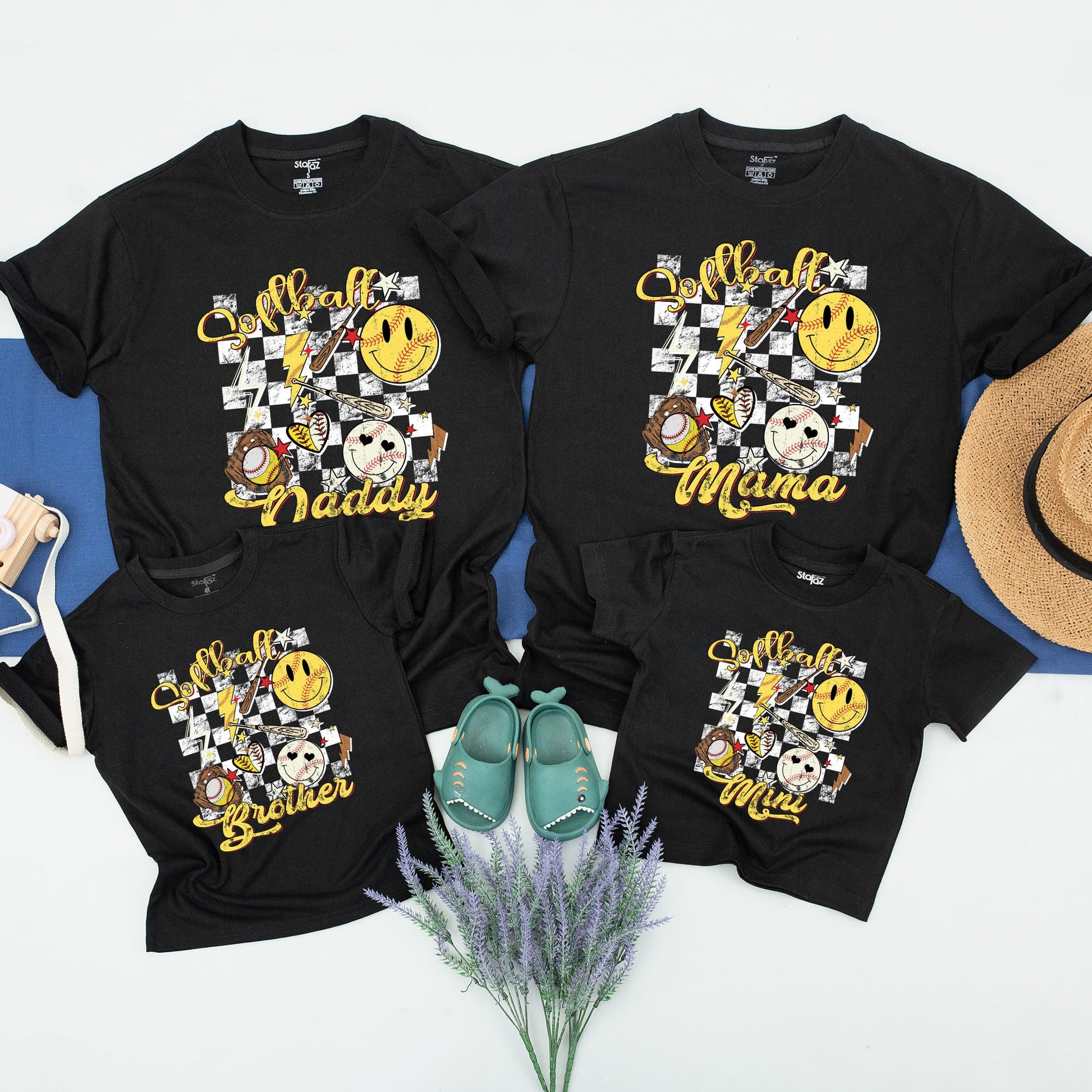 Personalized Retro Softball Family Matching Game Day Shirt Smiley Face Yellow Black Checkered Mama Daddy Brother Mini Tee