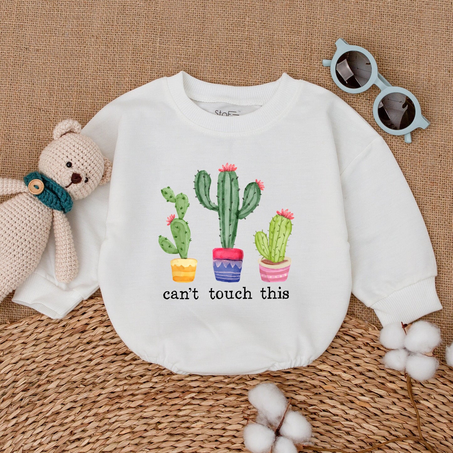 Playful Cactus Can't Touch This Baby Romper Bodysuit Cute Three Cacti Design Pink Flowers Yellow Blue Pink Pots Hipster Funny Baby Shower Gift