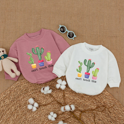 Playful Cactus Can't Touch This Baby Romper Bodysuit Cute Three Cacti Design Pink Flowers Yellow Blue Pink Pots Hipster Funny Baby Shower Gift