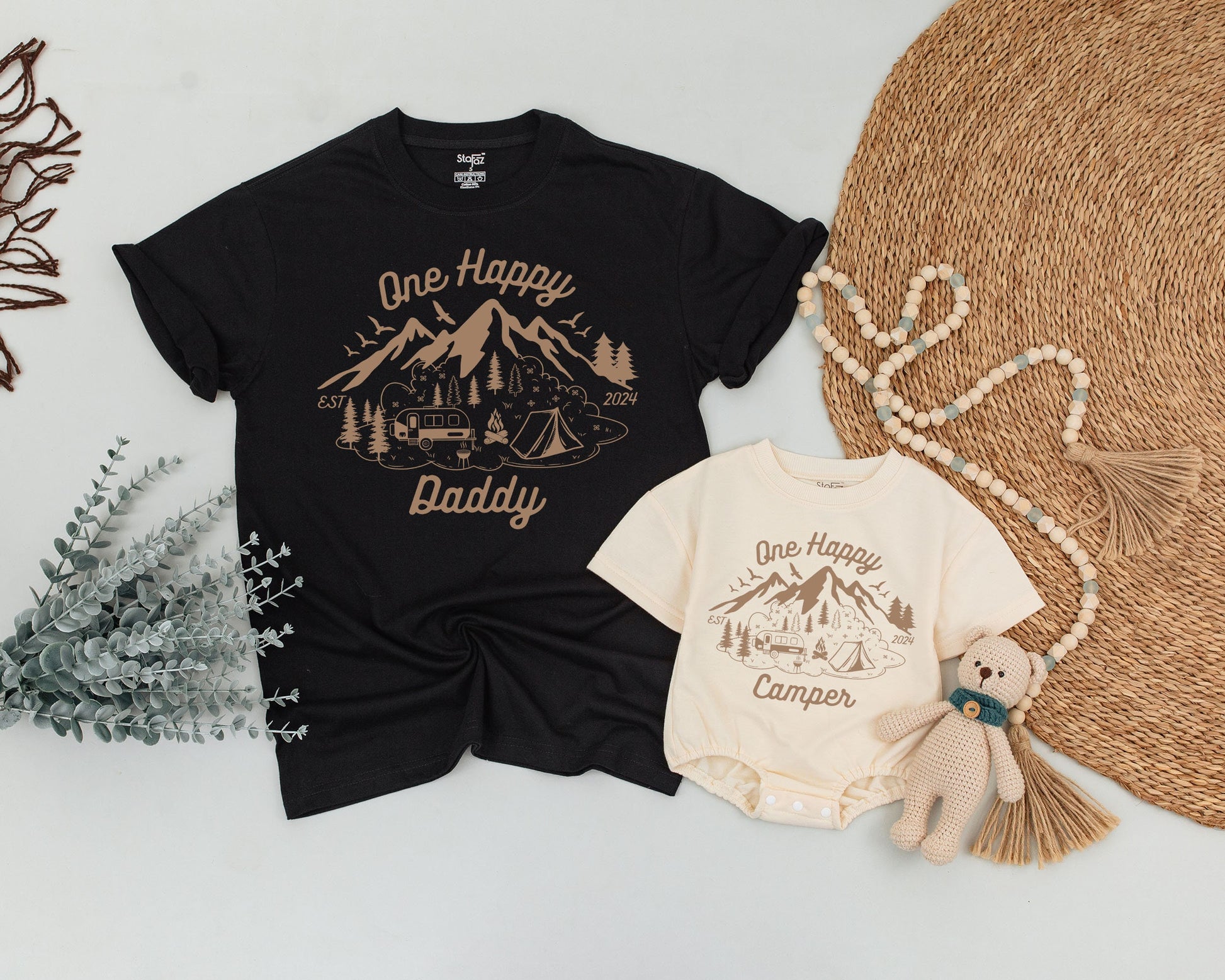 One Happy Camper First Birthday Family Matching Shirts Brown Mountain Camping Design Vacation Outfits Dad Mommy Brother EST 2024