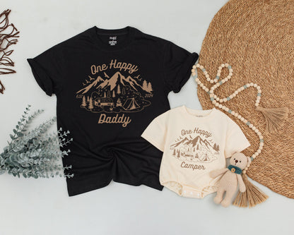 One Happy Camper First Birthday Family Matching Shirts Brown Mountain Camping Design Vacation Outfits Dad Mommy Brother EST 2024