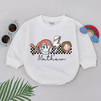 Personalized Retro Baseball Game Day Bubble Romper for Baby Boy featuring a Whimsical Helmet Bats Glove and Lightning Bolt Design for Gameday Season