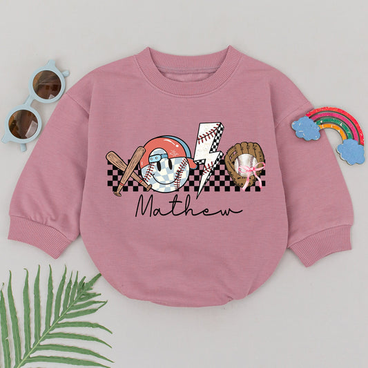 Personalized Retro Baseball Game Day Bubble Romper for Baby Boy featuring a Whimsical Helmet Bats Glove and Lightning Bolt Design for Gameday Season
