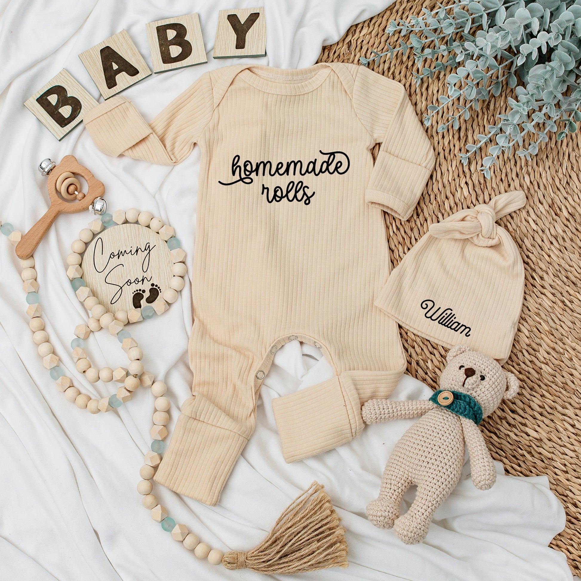 Personalized Newborn Bodysuit and Hat Set with Homemade Rolls William Name, Natural Retro Baby Outfit, Thanksgiving Reveal Gift